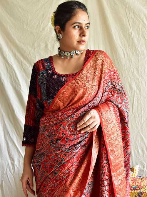 Barfi - Ajrakh hand block printed Dola Silk zari border Saree