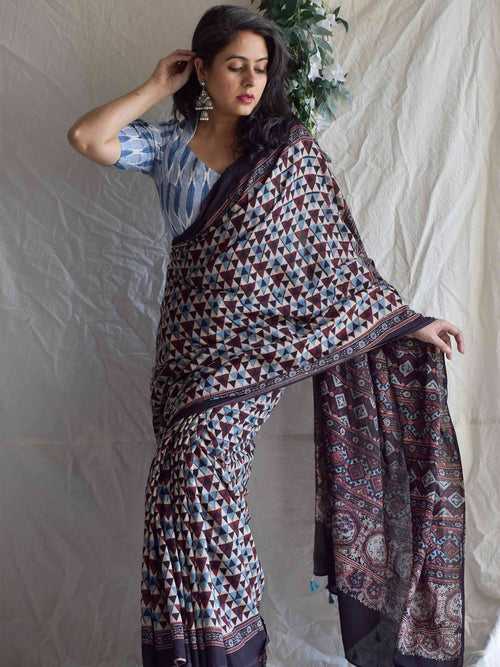 Trikona -  Ajrakh hand block printed mul cotton saree