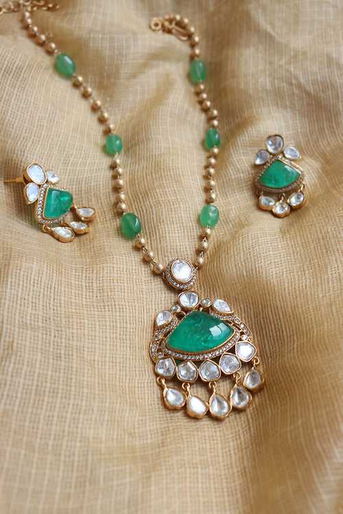 Polki Green Bird Maala Pendant Set