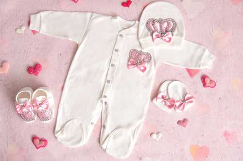 Snickerdoodle White with pink crown patch romper 4 piece set(Girls)