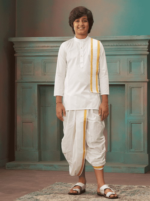 Boys Cotton White Kurta Readymade Panchakacham Towel Combo with Gold Jari Border Sarman