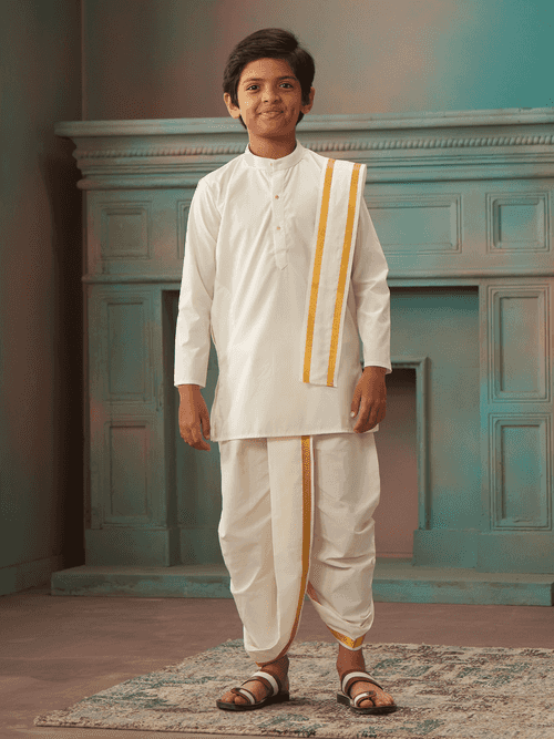 Boys Cotton Cream Kurta Readymade Panchakacham Towel Combo with Gold Jari Border Champak