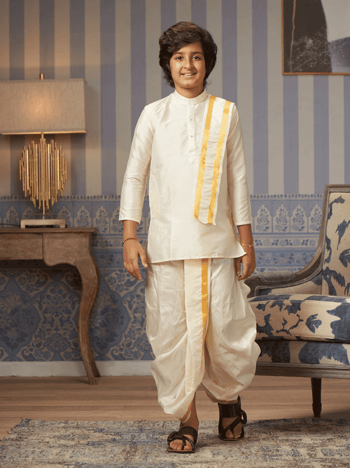 Boys Art Silk Cream Kurta Readymade Panchakacham Towel Combo with Gold Jari Border Azure