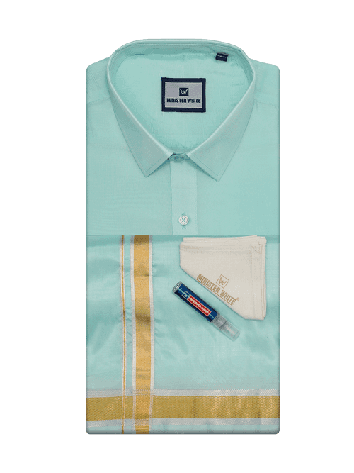 Mens Art Silk Mint Leaf Full Sleeves Shirt with Gold Jari Border Dhoti Combo Finesse