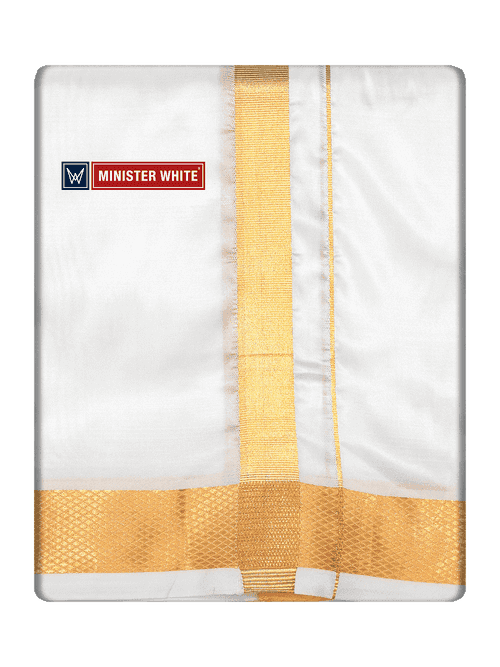 Mens Art Silk Double Layer White Dhoti with 70K Gold Jari Border - Marshal 70K