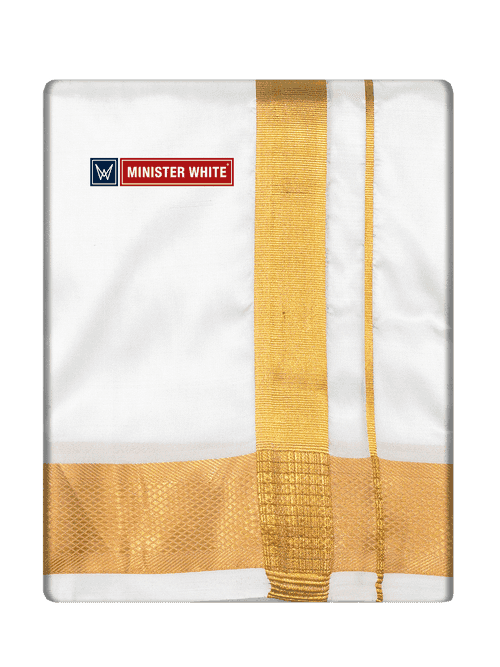 Mens Art Silk Double Layer White Dhoti with 100K Gold Jari Border - Marshal 100K