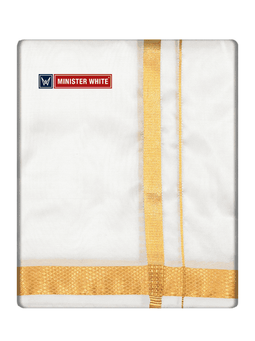 Mens Art Silk Double Layer White Dhoti with 50K Gold Jari Border - Marshal 50K