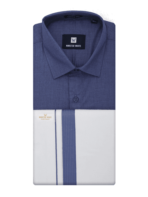 Mens Cotton Blue Color Shirt with Matching Border Flexi Dhoti Combo Casper Flexi