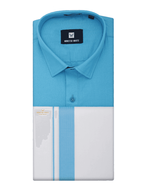Mens Sky Blue Shirt with Matching Border Flexi Dhoti Combo Casper Flexi