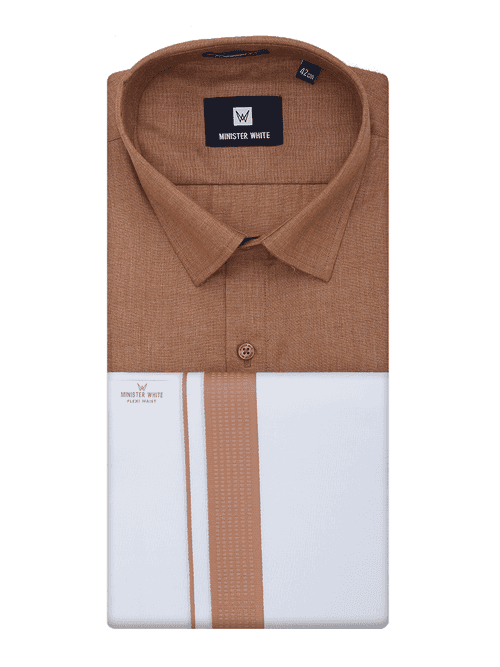 Mens Cotton Brown Shirt with Matching Border Flexi Dhoti Combo Casper Flexi