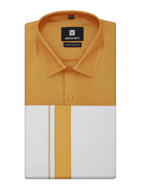 Mens Yellow Dupion Satin Color Shirt with Matching Border Dhoti Combo Gora