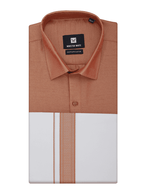 Mens Light Brown Dupion Satin Shirt with Matching Border Dhoti Combo Gora