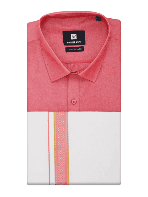 Mens Coral Pink Dupion Satin Shirt with Matching Border Dhoti Combo Gora