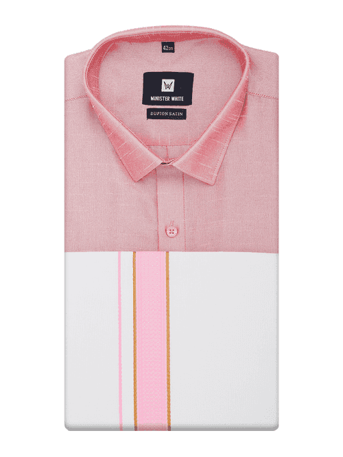 Mens Light Pink Dupion Satin Shirt with Matching Border Dhoti Combo Gora