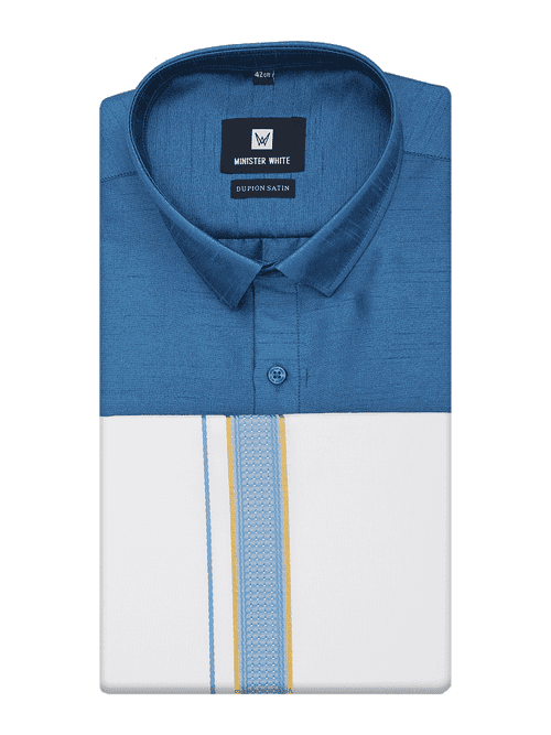 Mens Ramar Blue Dupion Satin Color Shirt with Matching Border Dhoti Combo Gora