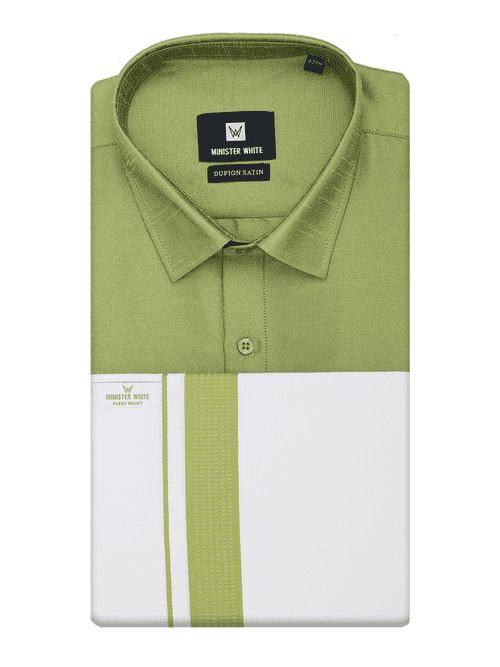 Mens Green Dupion Satin Shirt with Matching Border Flexi Dhoti Combo Gora Flexi