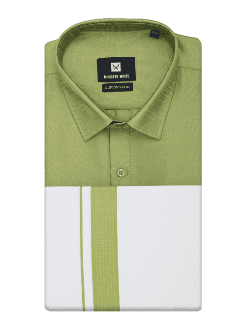 Mens Green Dupion Satin Shirt with Matching Border Dhoti Combo Gora