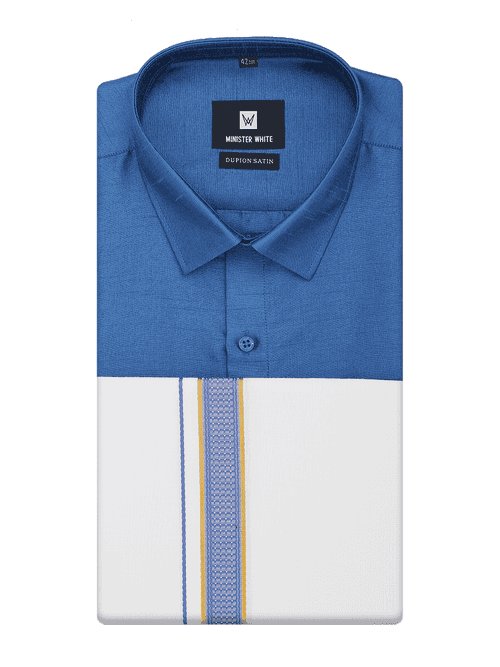 Mens Sky Blue Dupion Satin Color Shirt with Matching Border Dhoti Combo Gora