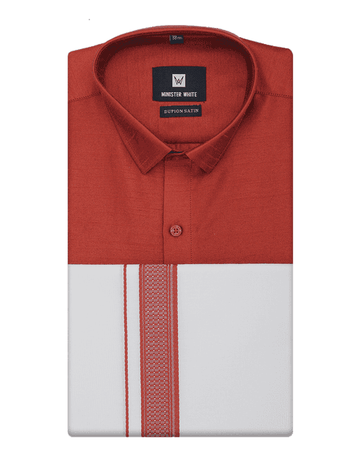 Mens Brick Red Dupion Satin Shirt with Matching Border Dhoti Combo Gora