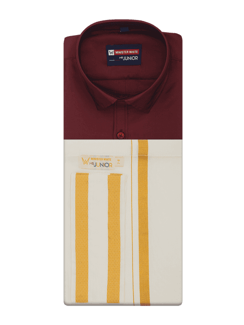 Boys Art Silk Maroon Half Sleeves Shirt with Gold Jari Flexi Dhoti Towel Combo Calm Boy