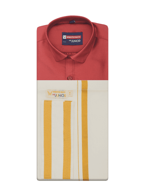 Boys Art Silk Red Half Sleeves Shirt with Gold Jari Flexi Dhoti Towel Combo Calm Boy