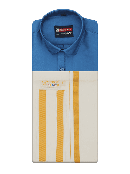 Boys Art Silk Sky Blue Half Sleeves Shirt with Gold Jari Flexi Dhoti Towel Combo Calm Boy