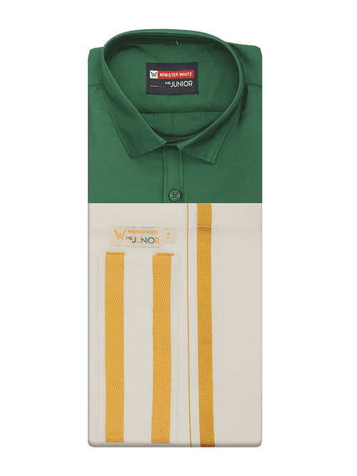 Boys Art Silk Green Half Sleeves Shirt with Gold Jari Flexi Dhoti Towel Combo Calm Boy
