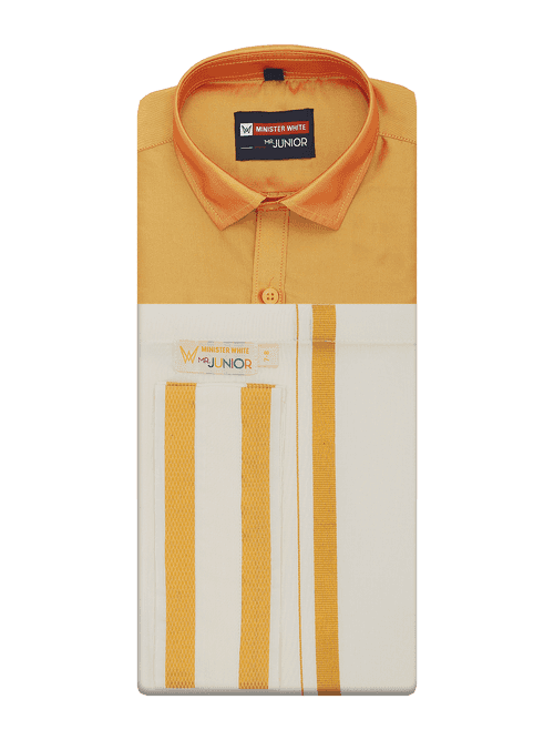 Boys Art Silk Golden Yellow Half Sleeves Shirt with Gold Jari Flexi Dhoti Towel Combo Calm Boy