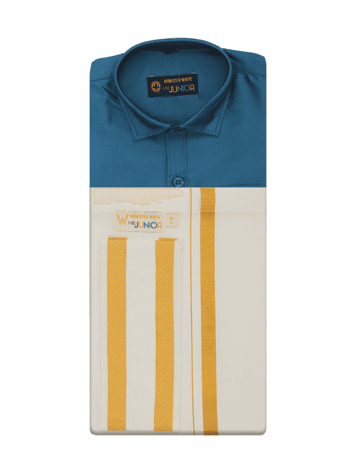 Boys Art Silk Ocean Blue Half Sleeves Shirt with Gold Jari Flexi Dhoti Towel Combo Calm Boy
