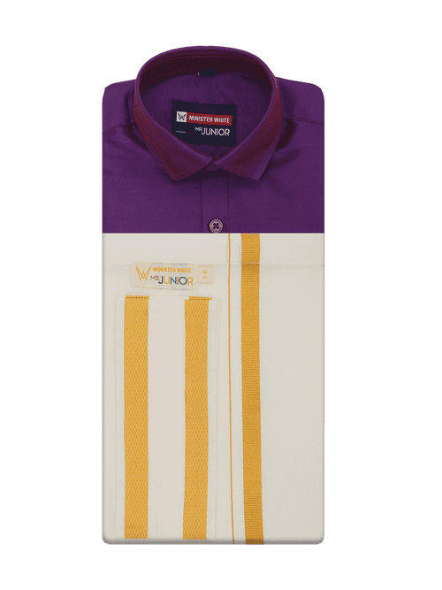 Boys Art Silk Purple Half Sleeves Shirt with Gold Jari Flexi Dhoti Towel Combo Calm Boy
