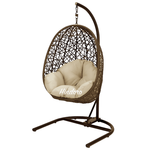 Hindoro Rattan Wicker Wrought Iron Hanging Hammock Single Seater Egg Swing Chair with Stand & Cushion || Outdoor/Indoor/Balcony/Garden/Patio/Living Outdoor Furniture (Dark Brown)