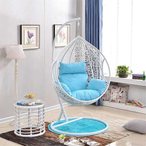 Hindoro Single Seater Hanging Swing With Stand For Balcony Garden Swing, White With Blue Cushion