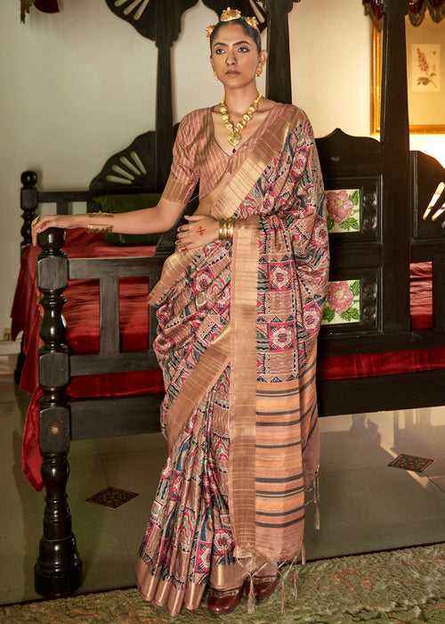 Light Brown Silk Saree With Digital Print