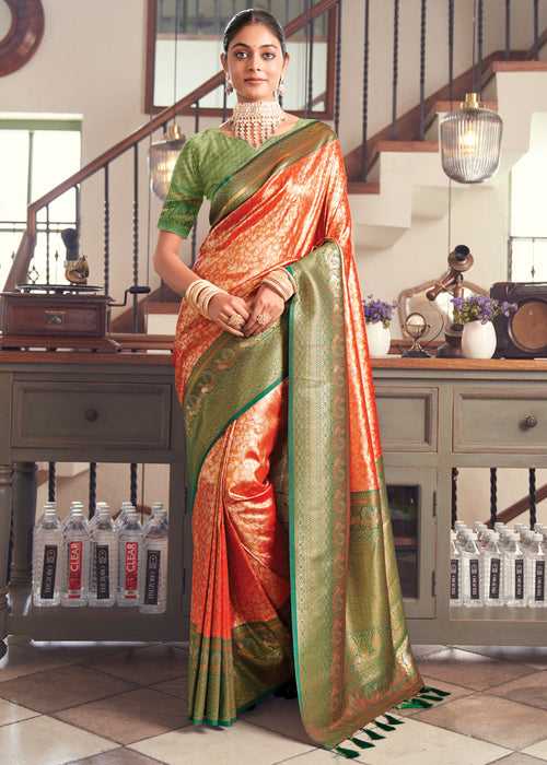 Orange And Green Woven Kanjivaram Silk Saree