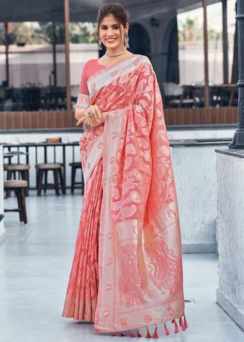 Plum Peach Woven Banarasi Silk Saree