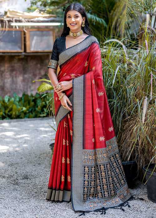 Royal Red Woven Raw Silk Saree With Contrast Blouse
