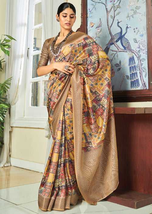Brown And Yellow Woven Banarasi Satin Silk Saree