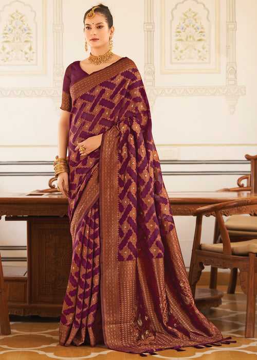 Wine Purple Woven Banarasi Cotton Silk Saree