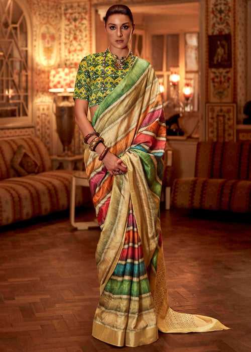 Multicolor Beige Woven Silk Saree With Print