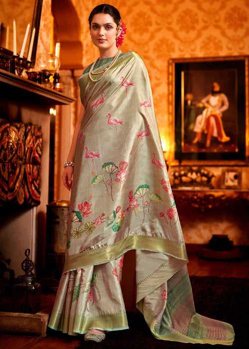 Classy Grey Woven Silk Saree With Kalamkari Fine Print