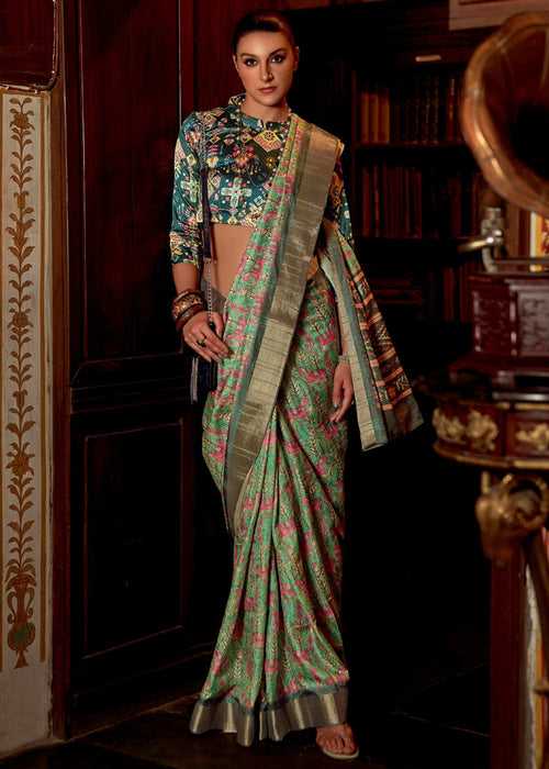 Summer Green Woven Silk Saree With Floral Print