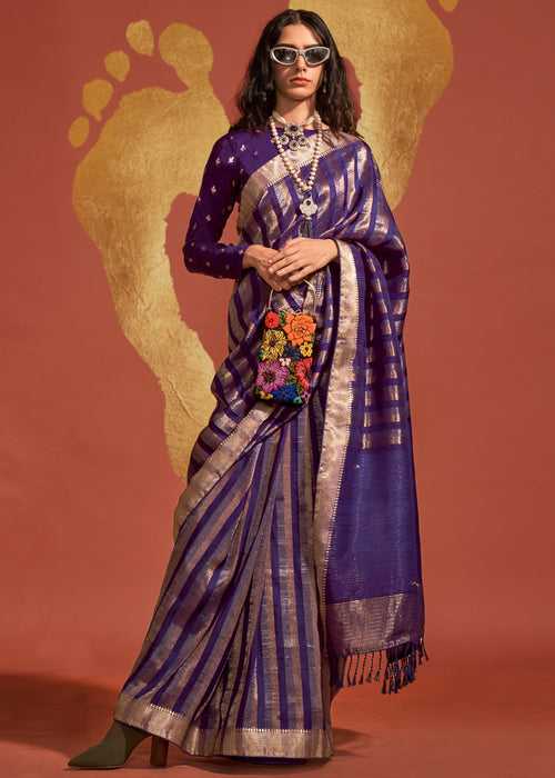 Aubergine Purple And Gold Woven Banarasi Soft Silk Saree