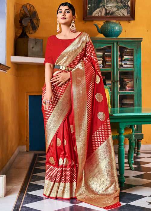 Tango Red Woven Banarasi Silk Saree