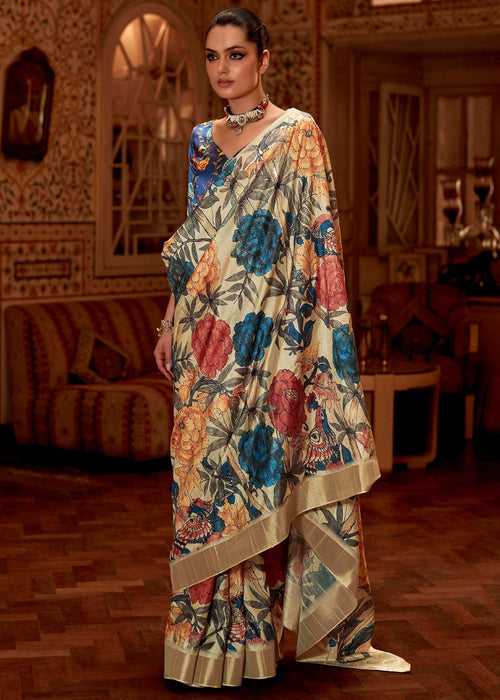 Classy Beige Woven Silk Saree With Floral Print