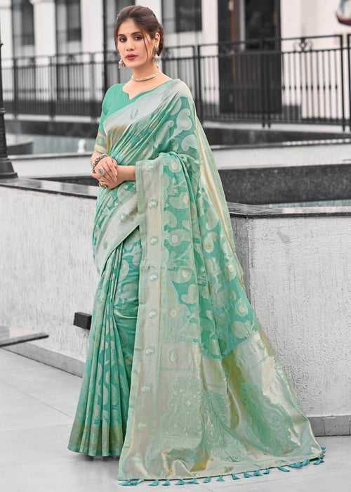 Teal Green Woven Banarasi Silk Saree