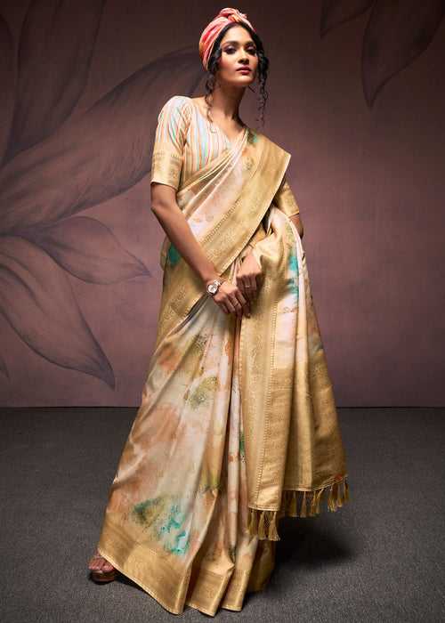 Golden Beige Soft Silk Saree With Digital Print