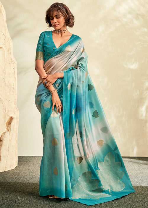 Aruba Blue Digital Printed Textured Silk Saree