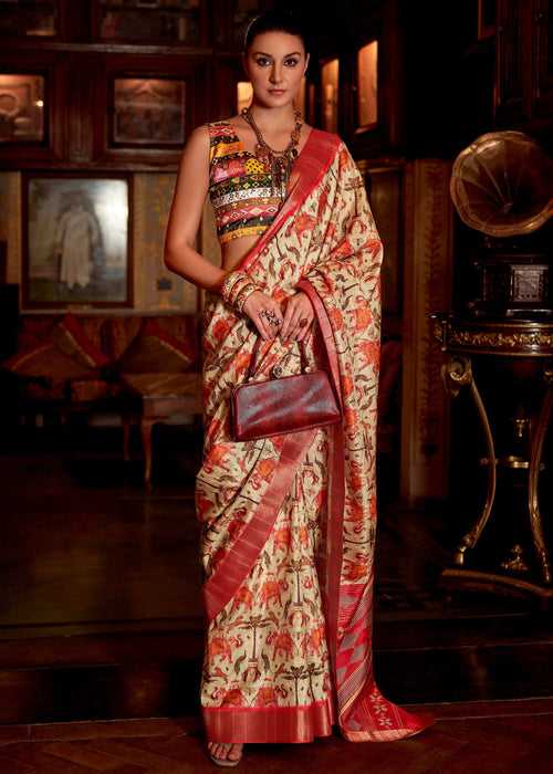 Red And Off White Woven Silk Saree With Floral Print