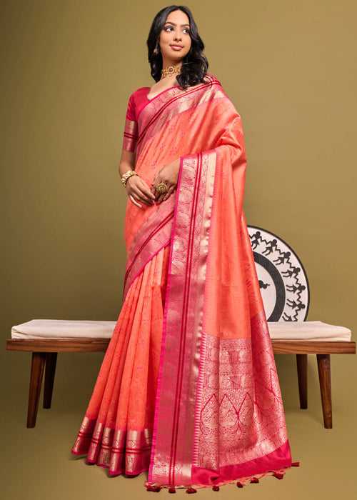 Bright Peach Woven Banarasi Soft Silk Saree
