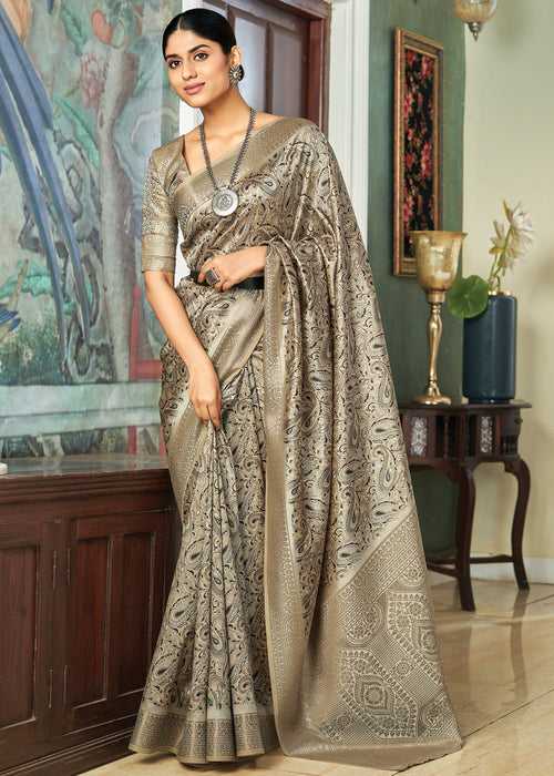 Silver Grey Woven Banarasi Satin Silk Saree